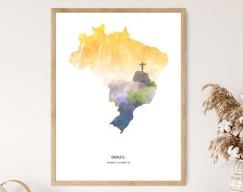 Brazil Print | Brazil Watercolor Print | Brazil Canvas | Brazil Poster | Brazil Map Art | Map of Brazil