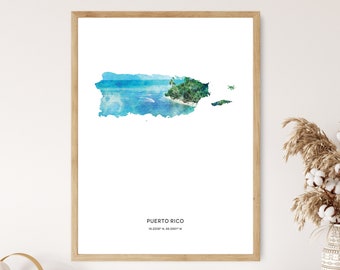 Puerto Rico Print | Puerto Rico Watercolor Print | Puerto Rico Canvas | Puerto Rico Poster | Puerto Rico Map Art | Map of Puerto Rico