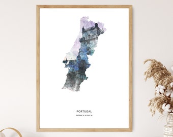 Portugal Print | Portugal Watercolor Print | Portugal Canvas | Portugal Poster | Portugal Map Art | Map of Portugal