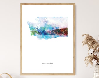 May include: A watercolor painting of the state of Washington with a blue, green, and purple color scheme. The state outline is white and the text "WASHINGTON 47.7511° N, 120.7401° W" is printed below the image.
