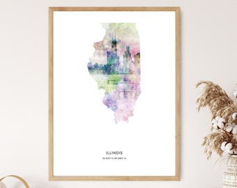 Illinois Print | Impression aquarelle de l’Illinois | Illinois Canvas | Illinois Poster | Illinois Map Art | Carte de l’Illinois