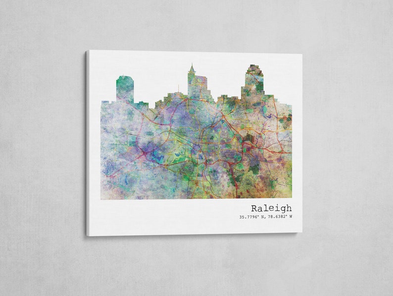 Raleigh Poster Raleigh North Carolina Watercolor Map Art Raleigh Canvas Map of Raleigh City Skyline Print Raleigh Map Print