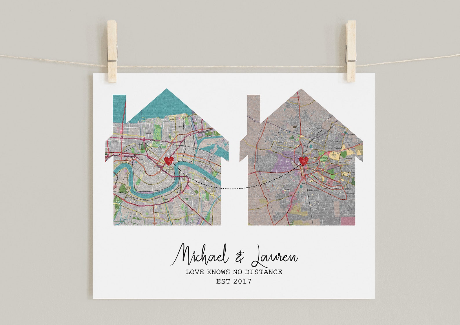 Houses Map Print 2 Locations Personalized Map Canvas Etsy