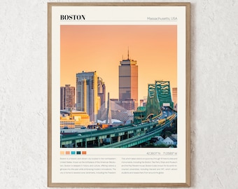 May include: A framed photograph of the Boston skyline at sunset. The image features the Zakim Bunker Hill Bridge, the Charles River, and several skyscrapers, including the John Hancock Tower. The text "BOSTON" is at the top of the image, and the text "Massachusetts, USA" is at the top right.