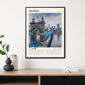 Może przedstawiać: Czarno-biały plakat z fotografią mostu wiszącego Johna A. Roeblinga w Cincinnati, Ohio. Plakat zawiera tekst "Cincinnati, Ohio, USA" i "39.1037&deg;N, 84.5220&deg;W" u g&oacute;ry i na dole. Plakat zawiera r&oacute;wnież kr&oacute;tki opis historii i atrakcji miasta.