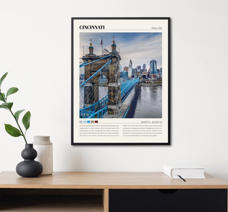 Może przedstawiać: Czarno-biały plakat z fotografią mostu wiszącego Johna A. Roeblinga w Cincinnati, Ohio. Plakat zawiera tekst "Cincinnati, Ohio, USA" i "39.1037&deg;N, 84.5220&deg;W" u g&oacute;ry i na dole. Plakat zawiera r&oacute;wnież kr&oacute;tki opis historii i atrakcji miasta.