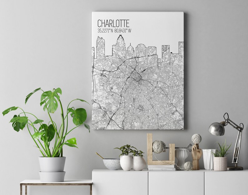 Charlotte North Carolina Charlotte Map Print Charlotte City Skyline Print Map of Charlotte Charlotte Map Poster Charlotte Canvas