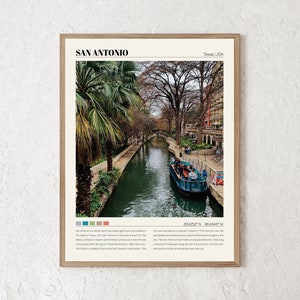 May include: A framed poster with a photo of the San Antonio River Walk in Texas, USA. The poster features a blue boat with people on it, a river, and palm trees. The text on the poster reads "San Antonio, Texas, USA" and includes the coordinates 29.4252&deg;N 98.4946&deg;W.