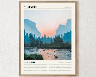 May include: A vintage travel poster featuring a scenic view of Yosemite National Park in California, USA. The poster features a river flowing through a lush forest with towering granite cliffs in the background. The sky is a vibrant orange and pink, creating a beautiful sunset scene. The poster includes the park's coordinates: 37.8651°N 119.5383°W.