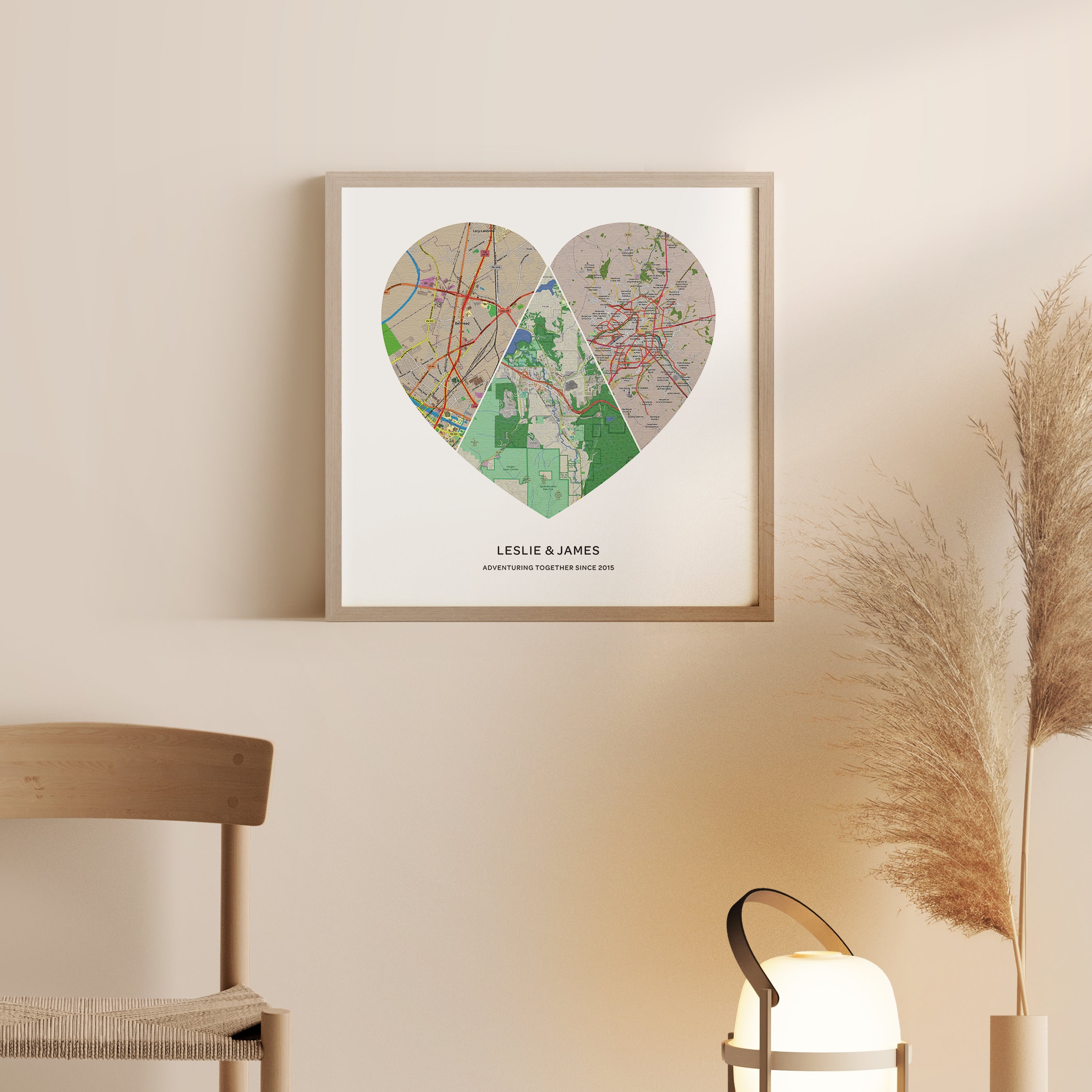 Custom Heart Map Custom Map Print 3 Locations Heart Map | Personalized Map Canvas ...