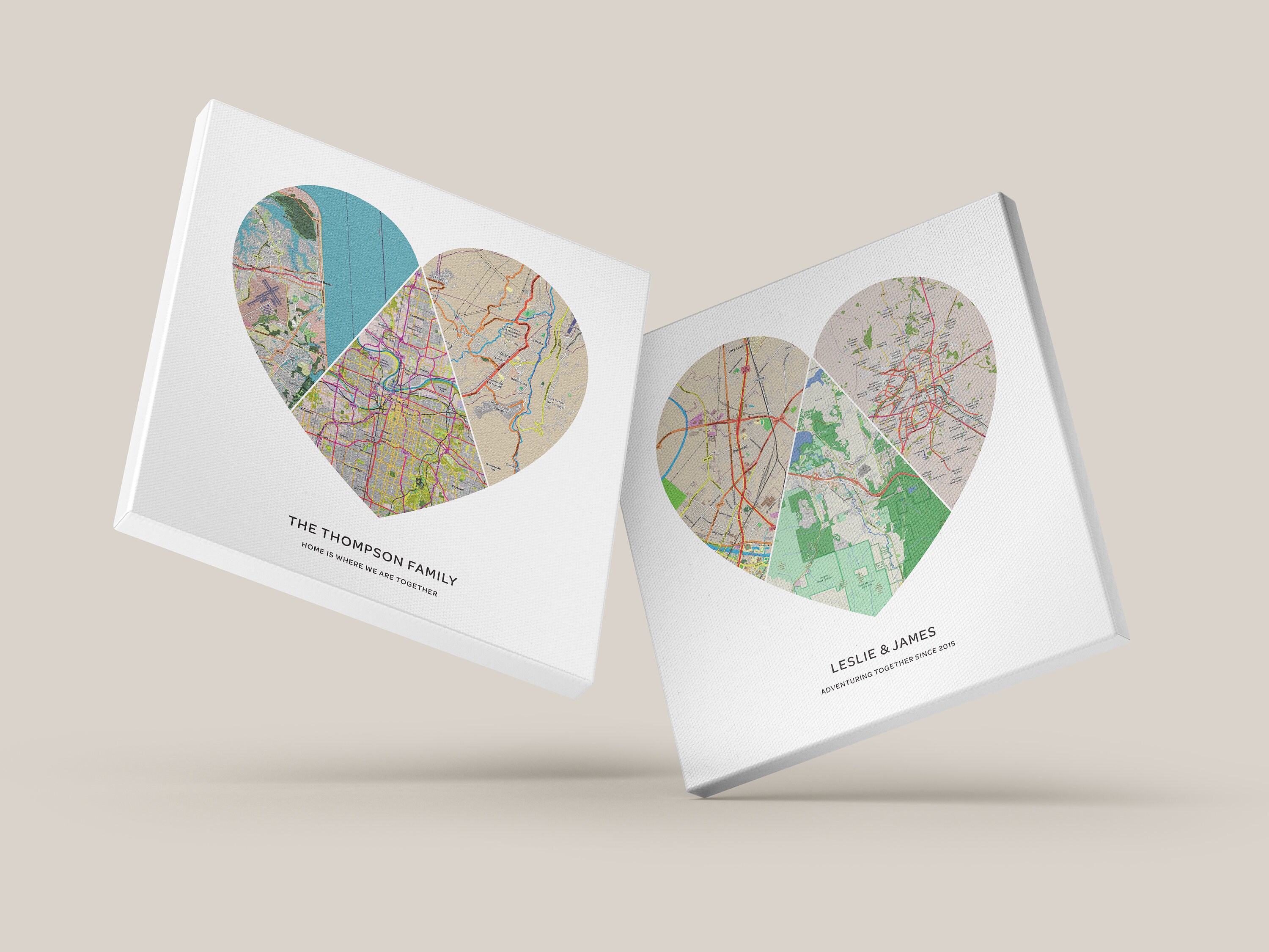 Custom Heart Map Custom Map Print 3 Locations Heart Map | Personalized Map Canvas ...