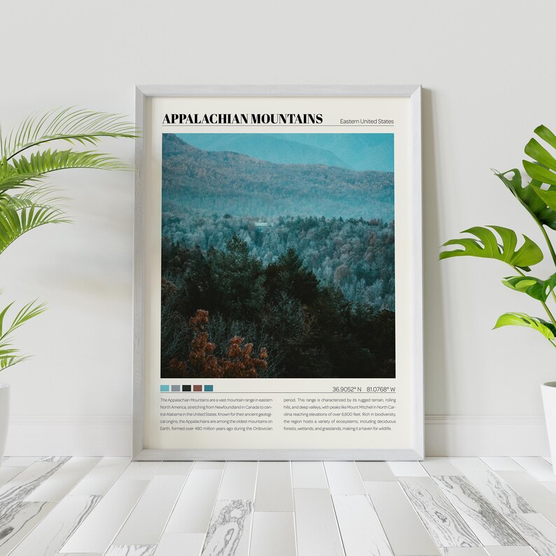 May include: A poster with a photograph of the Appalachian Mountains in the Eastern United States. The poster has a white background with black text that reads "Appalachian Mountains" and "Eastern United States". The poster also includes a color palette and text describing the mountains.