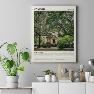 May include: A vintage-style poster with a photograph of a house with a large tree in front of it. The poster has the text "SAVANNAH" in large letters at the top and "Georgia, USA" in smaller letters at the top right. The poster also includes the text "32.0809&deg;N, 81.0906&deg;W" at the bottom.