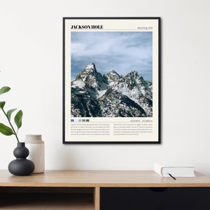 May include: A black and white poster with the text "JACKSON HOLE, Wyoming USA" at the top. The poster features a photograph of snow-capped mountains with a blue sky in the background. The text at the bottom of the poster reads "Jackson Hole is a picturesque valley located in the northwestern part of the US state of Wyoming. It is surrounded by the Teton Mountain Range and known for breathtaking natural beauty, outdoor recreational opportunities, and vibrant community.  It is renowned for its challenging slopes and luxurious hotels.  Jackson Hole is encompassed by Grand Teton National Park, where a vacuum for the biggest mountain pristine areas, and abundant wildlife. The town of Jackson, the primary community in Jackson Hole, Jackson Hole Mountain Resort is renowned for its challenging slopes and luxurious hotels.  Located in the heart of the Teton Mountain Range, Jackson Hole is a popular destination for skiing, snowboarding, and other winter activities.  The area is also home to a variety of hiking trails, fishing spots, and other outdoor recreation opportunities.  Jackson Hole is a great place to visit year-round, offering something for everyone. 43.4397&deg; N, 110.7504&deg; W"