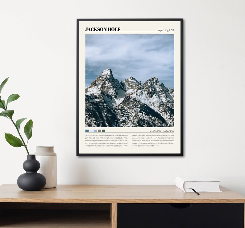 May include: A black and white poster with the text "JACKSON HOLE, Wyoming USA" at the top. The poster features a photograph of snow-capped mountains with a blue sky in the background. The text at the bottom of the poster reads "Jackson Hole is a picturesque valley located in the northwestern part of the US state of Wyoming. It is surrounded by the Teton Mountain Range and known for breathtaking natural beauty, outdoor recreational opportunities, and vibrant community.  It is renowned for its challenging slopes and luxurious hotels.  Jackson Hole is encompassed by Grand Teton National Park, where a vacuum for the biggest mountain pristine areas, and abundant wildlife. The town of Jackson, the primary community in Jackson Hole, Jackson Hole Mountain Resort is renowned for its challenging slopes and luxurious hotels.  Located in the heart of the Teton Mountain Range, Jackson Hole is a popular destination for skiing, snowboarding, and other winter activities.  The area is also home to a variety of hiking trails, fishing spots, and other outdoor recreation opportunities.  Jackson Hole is a great place to visit year-round, offering something for everyone. 43.4397&deg; N, 110.7504&deg; W"