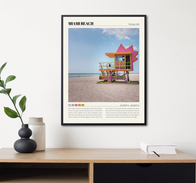 May include: A colorful lifeguard stand on a sandy beach in Miami Beach, Florida. The stand is painted pink, yellow, green, and orange. The text "Miami Beach, Florida, USA" is at the top of the image. The text "25.7607&deg; N, 80.1302&deg; W" is in the center of the image.