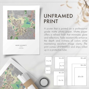 May include: A white poster with a map of Emory University in Atlanta, Georgia. The poster is unframed and available in various sizes, including 11x14 inches, 9x11 inches, 16x20 inches, 8x10 inches, 18x24 inches, 12x16 inches, 20x30 inches, 24x36 inches, and 32x48 inches.