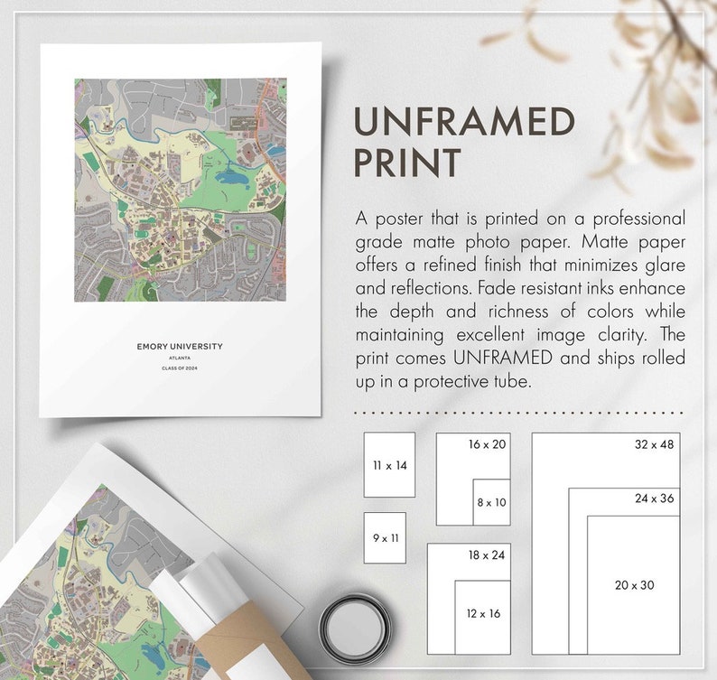 May include: A white poster with a map of Emory University in Atlanta, Georgia. The poster is unframed and available in various sizes, including 11x14 inches, 9x11 inches, 16x20 inches, 8x10 inches, 18x24 inches, 12x16 inches, 20x30 inches, 24x36 inches, and 32x48 inches.