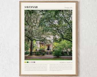 May include: A photograph of a historic home in Savannah, Georgia. The home is surrounded by lush green trees and has a white facade with a black door. The text "Savannah, Georgia, USA" and "32.0809°N, 81.0912°W" is visible at the bottom of the image.