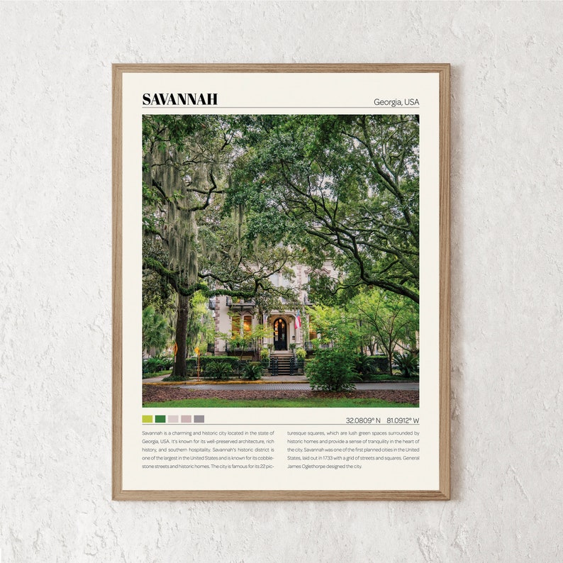 May include: A photograph of a historic home in Savannah, Georgia. The home is surrounded by lush green trees and has a white facade with a black door. The text "Savannah, Georgia, USA" and "32.0809&deg;N, 81.0912&deg;W" is visible at the bottom of the image.