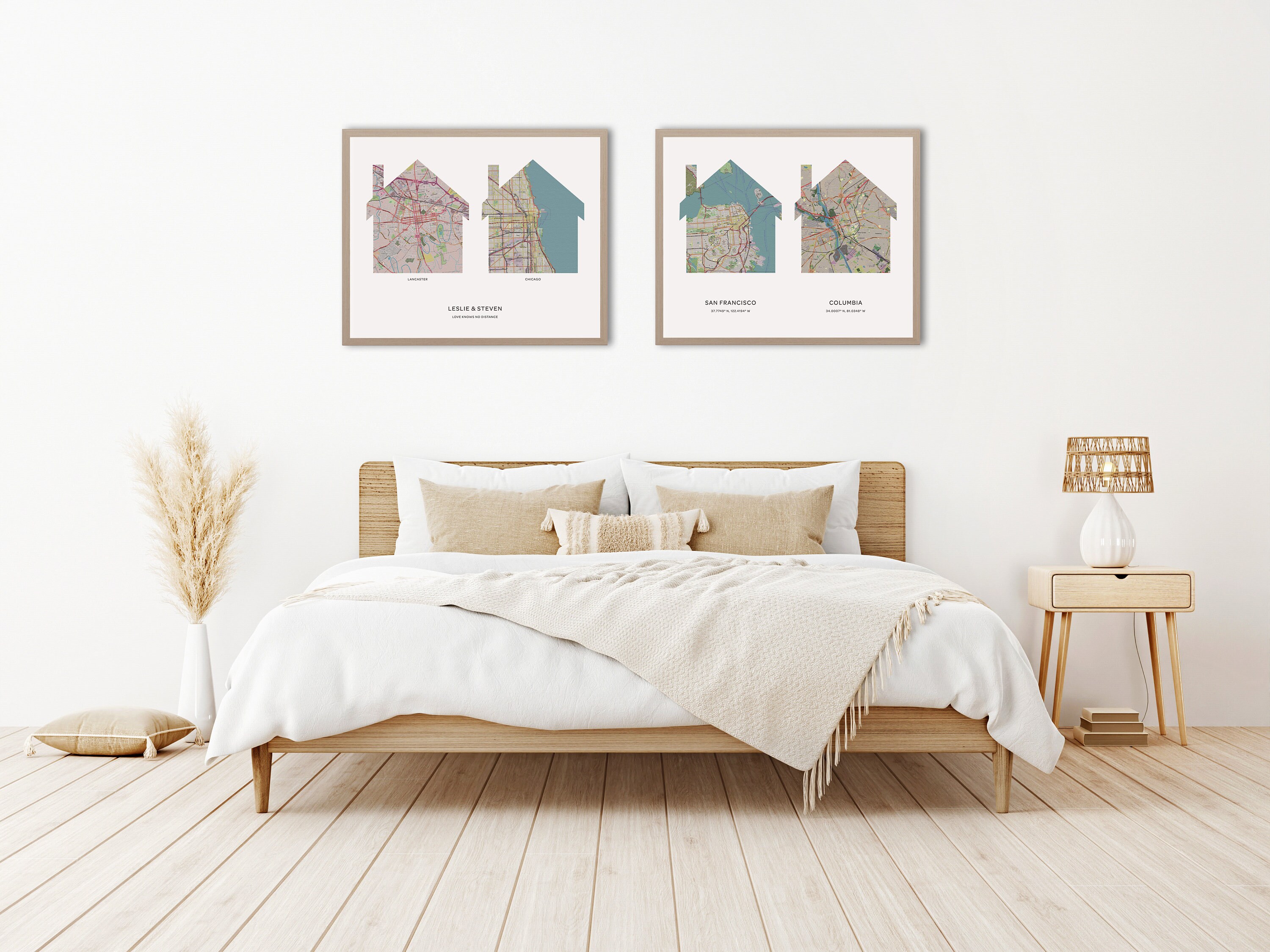 Custom House Map Print 2 Locations | Personalized Map Canvas | Custom ...