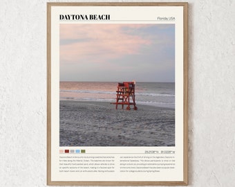 May include: A red lifeguard stand on a sandy beach with a blue sky and pink clouds in the background. The text "DAYTONA BEACH" and "Florida, USA" is at the top of the image. The text "29.2108°N 81.0228°W" is at the bottom of the image.