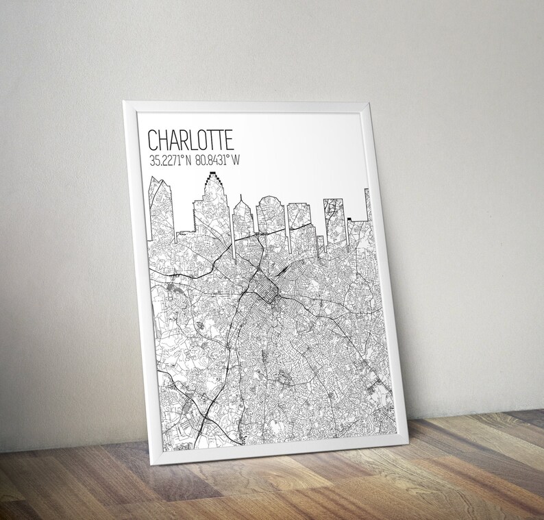 Charlotte North Carolina Charlotte Map Print Charlotte City Skyline Print Map of Charlotte Charlotte Map Poster Charlotte Canvas