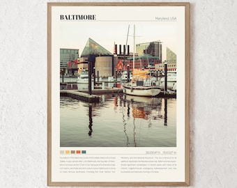 May include: A framed photograph of the Baltimore skyline with a sailboat in the foreground. The image is in a vintage style with a faded color palette. The text "Baltimore, Maryland, USA" is at the top of the frame. The text "Founded in 1729, Baltimore is one of the oldest cities in the United States. It was named after Lord Baltimore, the founder of Maryland, and is known as the "Charm City" because of its friendly locals, rich history, and lively arts and culture scene. Baltimore is home to many famous landmarks, including the Inner Harbor, Fort McHenry, and the National Aquarium. The city is famous for its seafood, especially the Maryland blue crab. Baltimore has experienced significant revitalization in recent years, with many of its historic neighborhoods undergoing redevelopment and new businesses and startups moving to the area." is at the bottom of the frame.