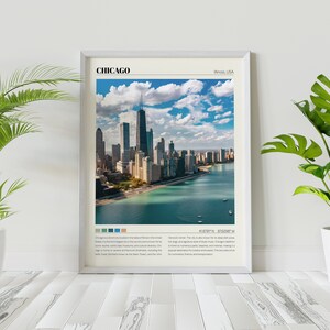 May include: An aerial view of the Chicago skyline with the Willis Tower and the Hancock Center visible. The text "CHICAGO" and "Illinois, USA" are at the top of the image. The coordinates "41.8781&deg;N 87.6298&deg;W" are at the bottom of the image.