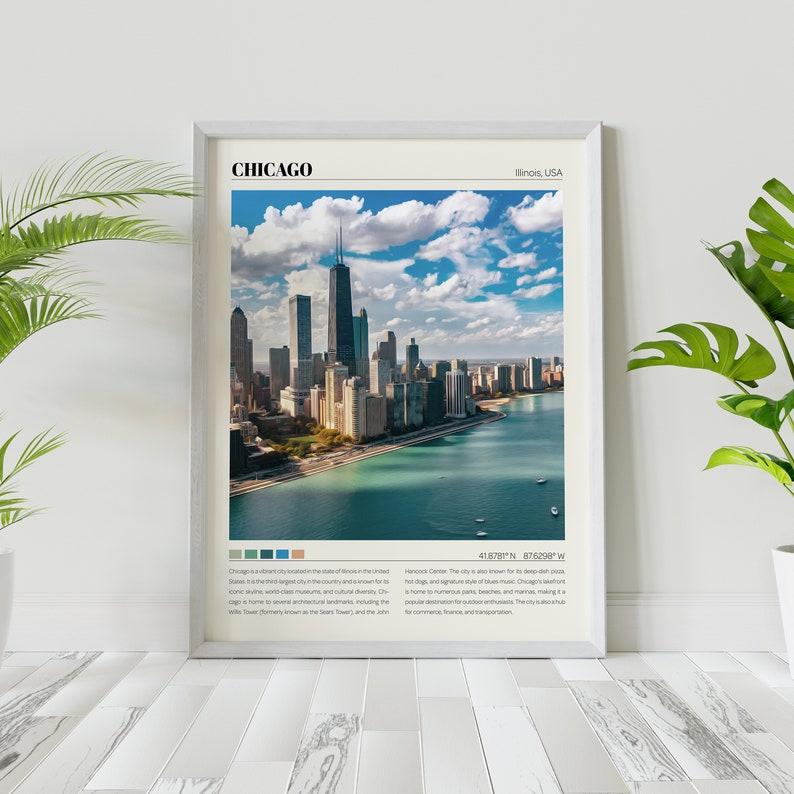 May include: An aerial view of the Chicago skyline with the Willis Tower and the Hancock Center visible. The text "CHICAGO" and "Illinois, USA" are at the top of the image. The coordinates "41.8781&deg;N 87.6298&deg;W" are at the bottom of the image.