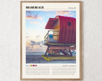 May include: A vintage-style poster featuring a red lifeguard stand on a sandy beach with the text "Miami Beach" and the coordinates "25.7907°N 80.1300°W". The poster has a light blue, pink, and brown color scheme.