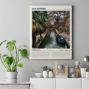 May include: A vintage-style poster with a photo of a river in San Antonio, Texas, USA. The poster has the text "SAN ANTONIO" in bold, black letters at the top and "Texas, USA" in smaller, black letters at the top right. The poster also includes the coordinates "29.4252&deg; N, 98.4946&deg; W" and a short description of the city.