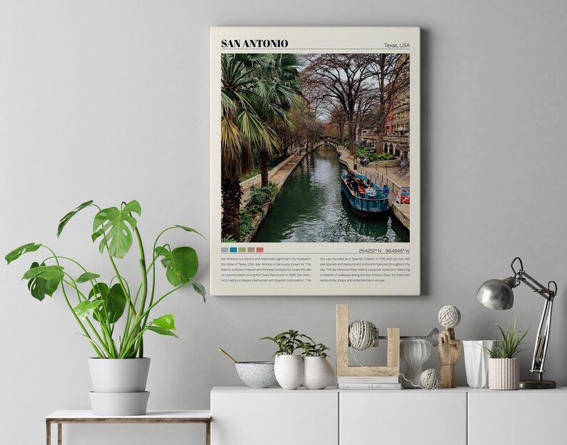 May include: A vintage-style poster with a photo of a river in San Antonio, Texas, USA. The poster has the text "SAN ANTONIO" in bold, black letters at the top and "Texas, USA" in smaller, black letters at the top right. The poster also includes the coordinates "29.4252&deg; N, 98.4946&deg; W" and a short description of the city.