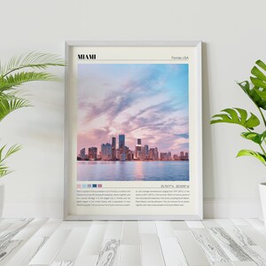May include: A framed poster with a photograph of the Miami skyline at sunset. The poster has the text "Miami" and "Florida, USA" at the top. The poster also includes the coordinates "25.7617&deg; N 80.1918&deg; W" and a description of Miami.