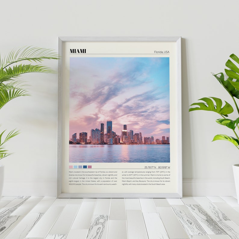 May include: A framed poster with a photograph of the Miami skyline at sunset. The poster has the text "Miami" and "Florida, USA" at the top. The poster also includes the coordinates "25.7617&deg; N 80.1918&deg; W" and a description of Miami.