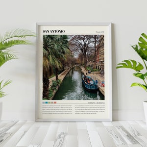 May include: A vintage style poster with a photo of a river in San Antonio, Texas. The poster has the text "San Antonio" and "Texas, USA" at the top. The text "29.4252&deg;N 98.4940&deg;W" is at the bottom of the poster.