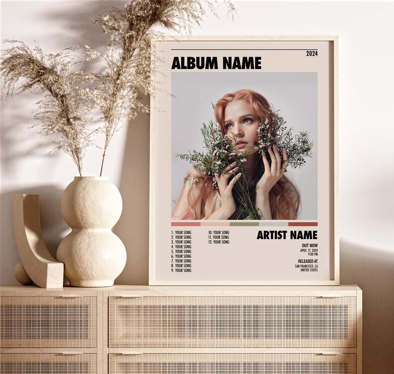 May include: A vintage-style album cover featuring a woman with red hair holding a bouquet of white flowers. The album title is "ALBUM NAME" and the artist name is "ARTIST NAME". The album was released in 2024.