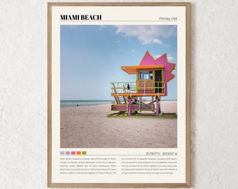 May include: A colorful lifeguard stand on a sandy beach in Miami Beach, Florida. The stand is painted pink, green, and orange. The text "Miami Beach" and "Florida, USA" is printed at the top of the image. The coordinates "25.7907°N 80.1300°W" are printed at the bottom of the image.