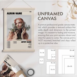 May include: Unframed canvas print of a woman with flowers in front of a beige background. The print has the album name "ALBUM NAME" and the artist name "ARTIST NAME" with song titles and release information. The print is available in various sizes, including 11x14, 9x11, 16x20, 8x10, 18x24, 12x16, 32x48, 24x36, and 20x30 inches.