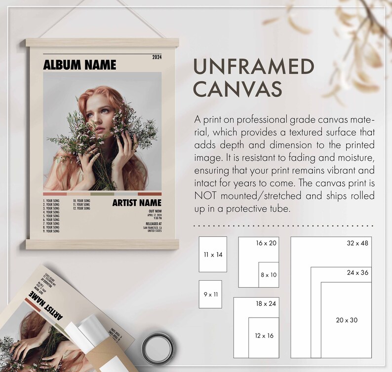 May include: Unframed canvas print of a woman with flowers in front of a beige background. The print has the album name "ALBUM NAME" and the artist name "ARTIST NAME" with song titles and release information. The print is available in various sizes, including 11x14, 9x11, 16x20, 8x10, 18x24, 12x16, 32x48, 24x36, and 20x30 inches.