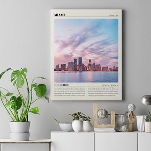 May include: A minimalist poster with a cityscape of Miami, Florida, USA. The poster features a photograph of the Miami skyline at sunset with a pink and blue sky. The poster also includes the city's name, location, and coordinates.