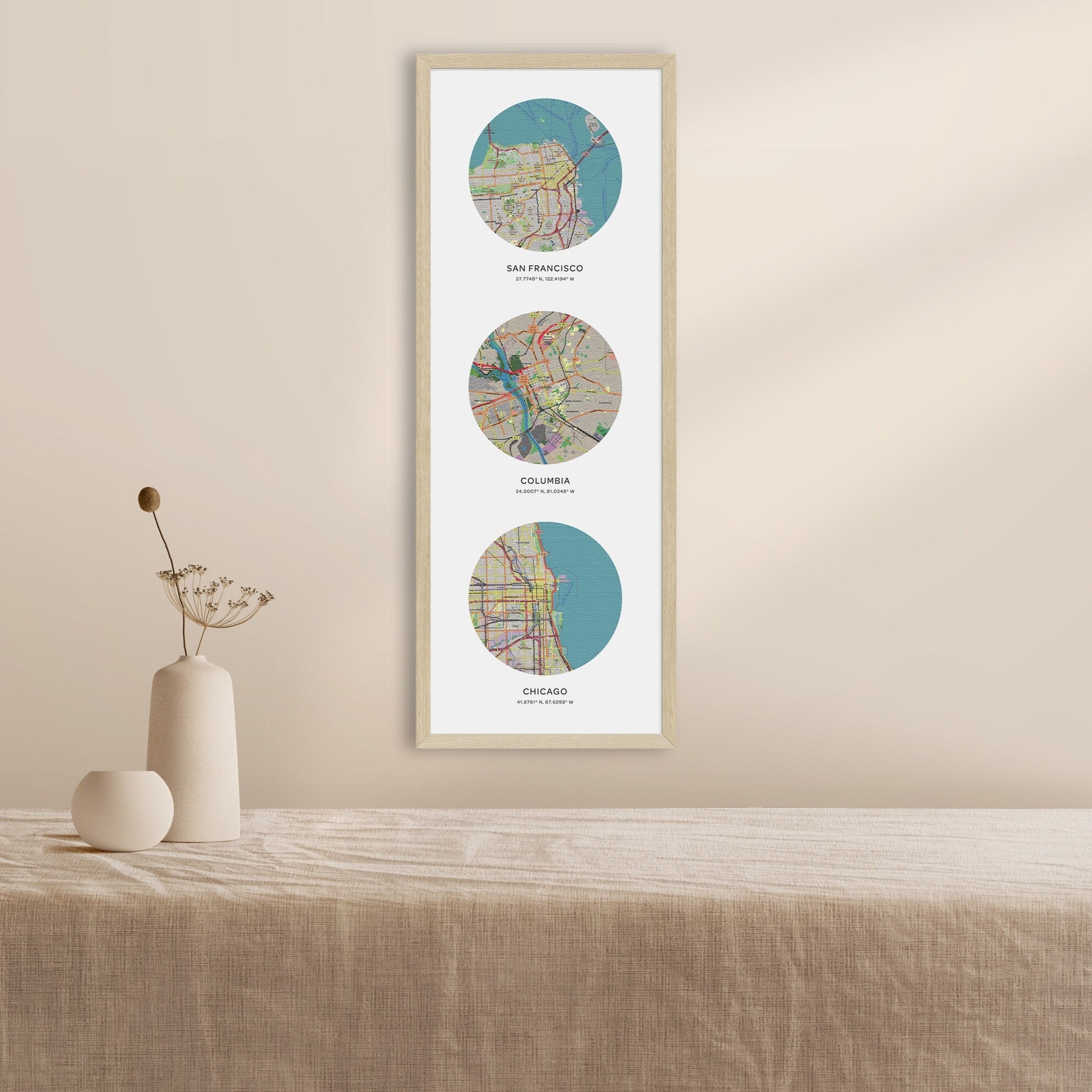 Custom Map Print 3 Locations | Personalized Maps Canvas | Custom Map ...