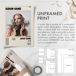 May include: A beige and brown album cover with a photo of a woman with red hair holding flowers. The album title is "ALBUM NAME" and the artist name is "ARTIST NAME". The album was released in 2024. The text "UNFRAMED PRINT" is displayed in large letters above a description of the print and a grid of different sizes available.