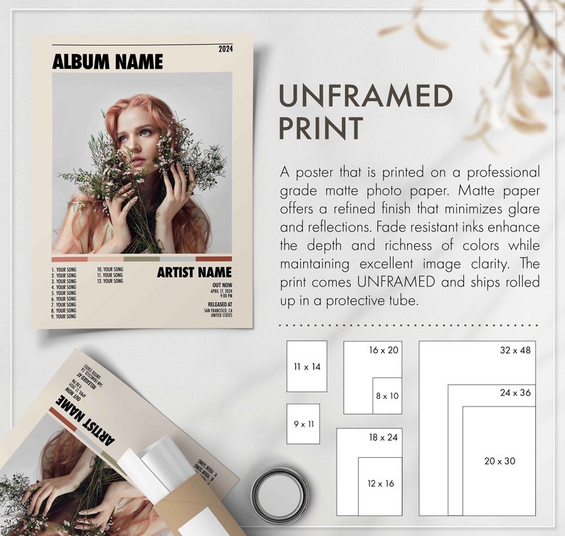 May include: A beige and brown album cover with a photo of a woman with red hair holding flowers. The album title is "ALBUM NAME" and the artist name is "ARTIST NAME". The album was released in 2024. The text "UNFRAMED PRINT" is displayed in large letters above a description of the print and a grid of different sizes available.