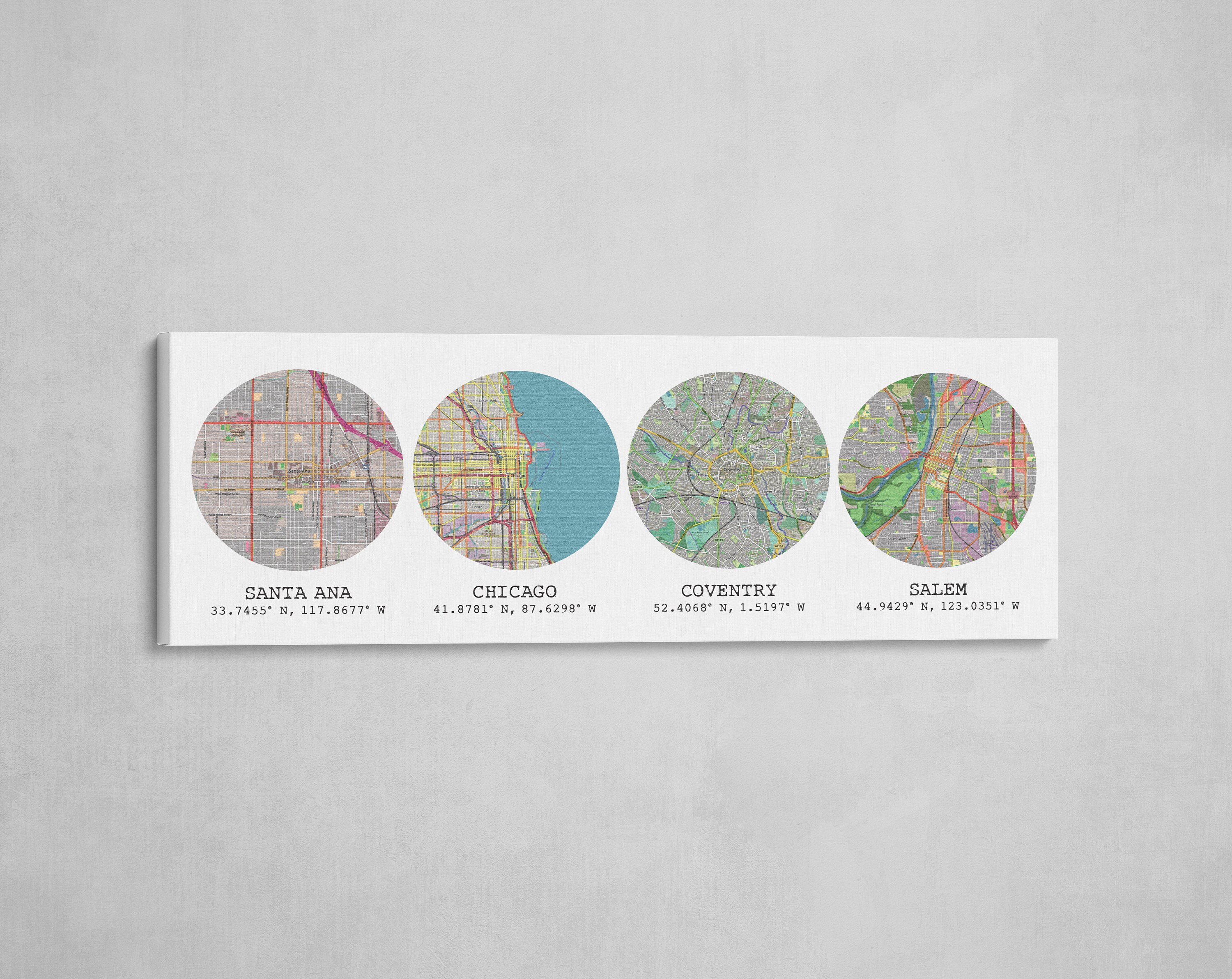 Personalized Map Print 4 Locations Circles Maps Canvas Etsy