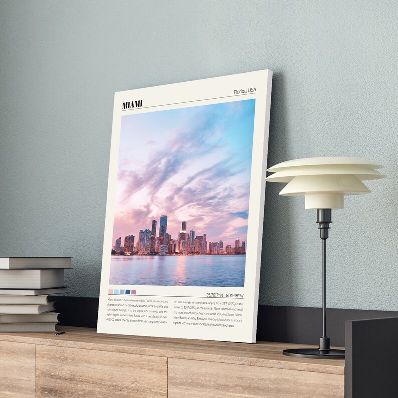 May include: A poster with a photograph of the Miami skyline at sunset. The poster has the word "MIAMI" in bold black letters at the top and the text "Florida, USA" in the top right corner. The poster also includes a color palette and text describing the city of Miami.
