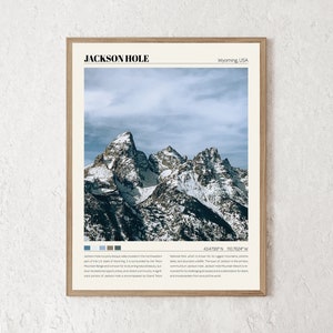 May include: A framed print of a snowy mountain range with the text "JACKSON HOLE" and "Wyoming, USA" at the top. The text "43.4799&deg;N 110.7624&deg;W" is at the bottom of the print.