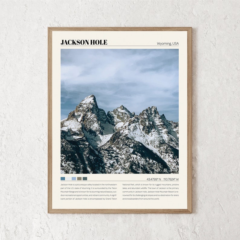 May include: A framed print of a snowy mountain range with the text "JACKSON HOLE" and "Wyoming, USA" at the top. The text "43.4799&deg;N 110.7624&deg;W" is at the bottom of the print.