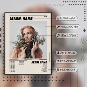 May include: Album cover art featuring a woman with red hair holding a bouquet of white flowers. The album title is "ALBUM NAME" and the artist name is "ARTIST NAME". The album was released on April 12, 2024 in San Francisco, CA.