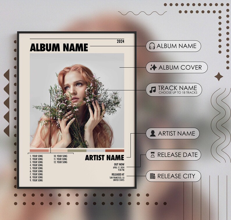 May include: Album cover art featuring a woman with red hair holding a bouquet of white flowers. The album title is "ALBUM NAME" and the artist name is "ARTIST NAME". The album was released on April 12, 2024 in San Francisco, CA.